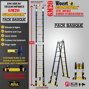 ECHELLE ESCABEAU TELESCOPIQUE WOERTHER DOUBLE BARRES STABILISATRICES, DOUBLE FONCTIONS GRAFITEK 6M20/3M10 - PACK BASIQUE