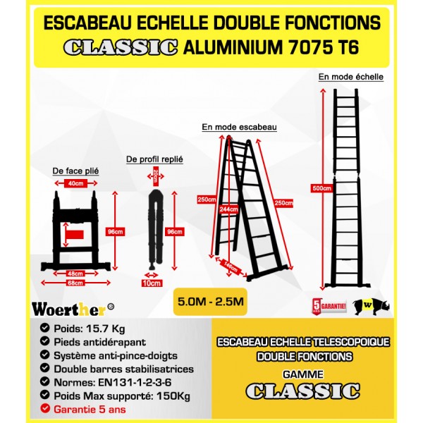 Woerther - Escabeau-échelle télescopique Woerther 5m/2m50 Double barre  stabilisatrices - Plus plateforme - Qualité supérieure - Garantie 5 ans -  Echelles - Rue du Commerce