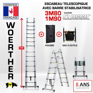 ECHELLE ESCABEAU DOUBLE FONCTIONS WOERTHER, MODELE CLASSIC 3M80/1.9M - PACK 4 (AVEC HOUSSE ET SAC A OUTILS)