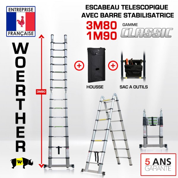 Echelle-escabeau télescopique 3,8m/1,9m avec housse, sac à outils et  plateforme