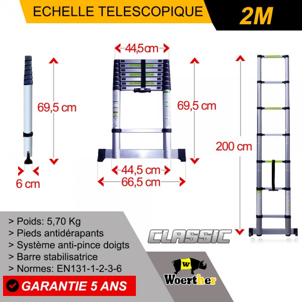 Echelle pliante télescopique de 2M, gamme classic avec tapis