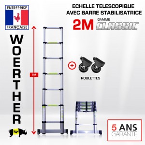 ECHELLE TELESCOPIQUE 2M AVEC BARRE STABILISATRICE + ROULETTES