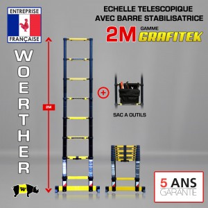 ECHELLE TELESCOPIQUE 2M PRO GRAFITEK AVEC BARRE STABILISATRICE,  AVEC SAC A OUTILS