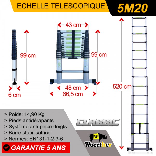 escabeau télescopique 5M/2M50 woerther, en aluminium anodisé, plateforme  multifonction et housse offertes.