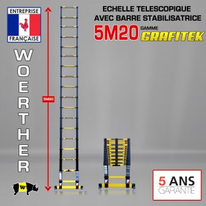 Echelle télescopique 5m 20 Grafitek avec barre stabilisatrice