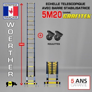 Echelle télescopique 5m 20 Grafitek avec barre stabilisatrice + Paire de roulettes