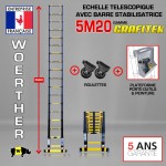 Echelle télescopique 5m20 GRAFITEK avec barre stabilisatrice + roulettes + plateforme "PRATIK"