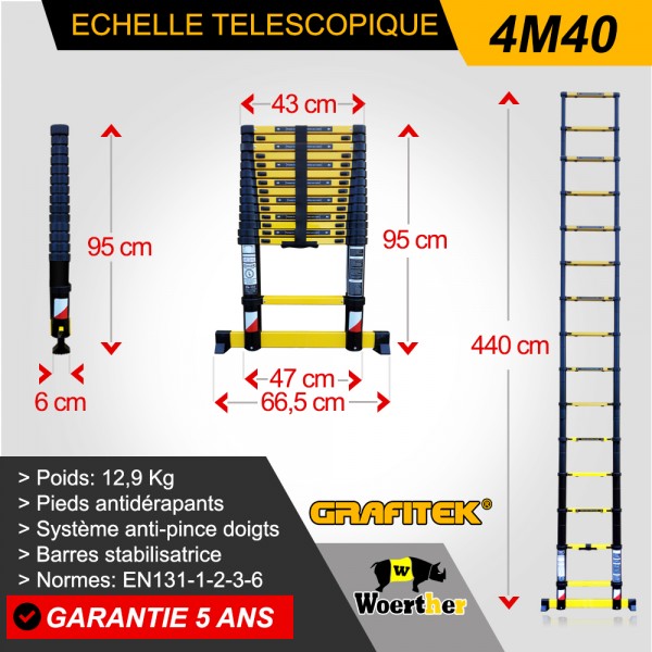 Échelle TéLescopique 4,4m, Portable et Pliante Echelle en Aluminium,  Échelle Escabeau, Charge Maximale 150kg, Certification EN131, Idéal pour Le  fret