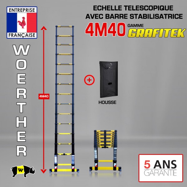 Echelle télescopique 4m40 Woerther Grafitek avec barre stabilisatrice plus  housse - Garantie 5 ans - Qualité supérieure