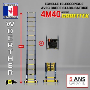 Echelle télescopique 4m 40 Grafitek avec barre stabilisatrice + Sac à outils