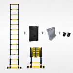 Echelle t&eacute;lescopique 4m40 GRAFITEK avec barre stabilisatrice + roulettes + plateforme porte-outils & peinture