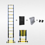 Echelle t&eacute;lescopique 3m80 Grafitek avec barre stabilisatrice + housse + roulettes + plateforme porte-outils & peinture