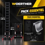 Echelle télescopique 3m80 Grafitek avec barre stabilisatrice + housse + roulettes + plateforme porte-outils & peinture