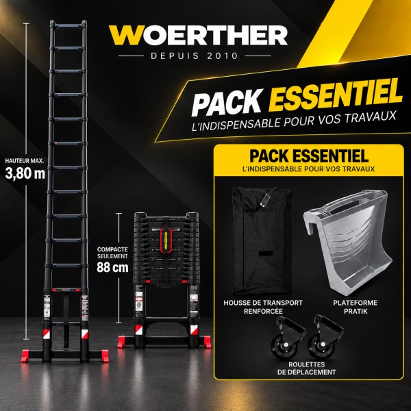 Echelle t&eacute;lescopique 3m80 Grafitek avec barre stabilisatrice + housse + roulettes + plateforme porte-outils & peinture