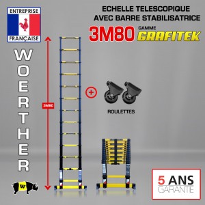 ECHELLE 3M80 GRAFITEK AVEC SA BARRE STABILISATRICE, AVEC PAIRE DE ROULETTE