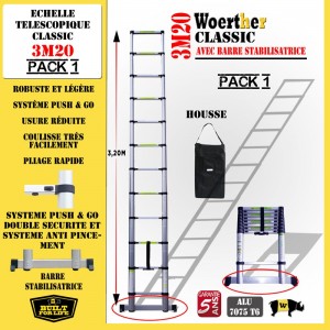 Echelle télescopique 3m 20 avec barre stabilisatrice + Housse