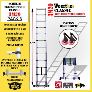 Echelle télescopique 3m 20 avec barre stabilisatrice + paire de roulettes