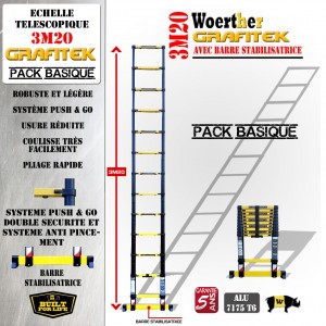 Echelle télescopique 3m 20  Grafitek avec barre stabilisatrice