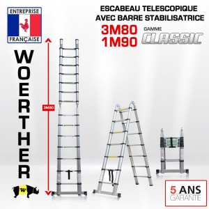 ECHELLE ESCABEAU DOUBLE FONCTIONS WOERTHER, MODELE CLASSIC 3M80/1.9M - PACK BASIQUE