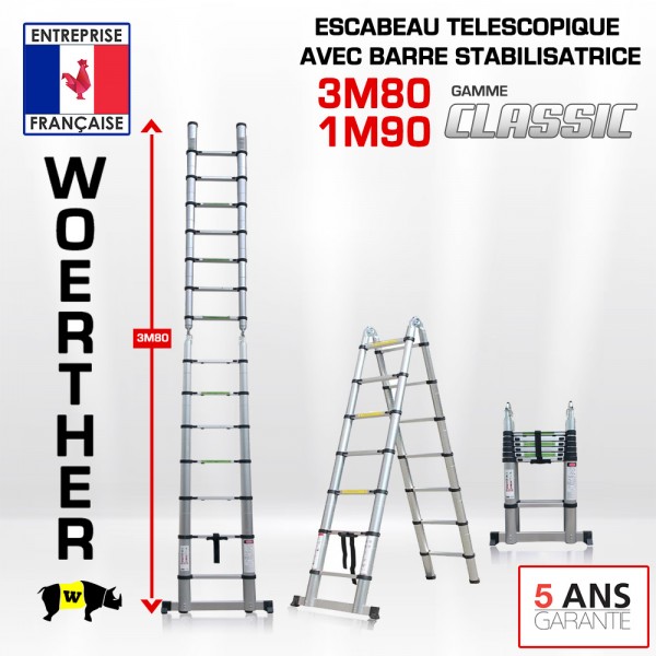 ESCABEAU-ÉCHELLE TÉLESCOPIQUE WOERTHER Double Fonctions / 3M80-1M90 / avec  Plateforme/MODÈLE GRAFITEK, en Graphite ET Aluminium 7175T6 / avec Doubles  Barres STABILISATRICES/Garantie 5 Ans : : Bricolage