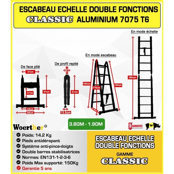 Escabeau télescopique Hauteur de 4M40/2M20 avec sa housse et patins ronds,  en graphite