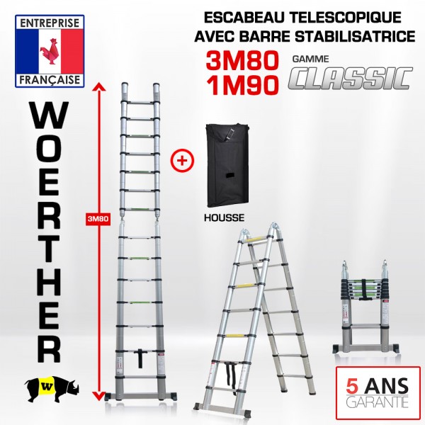 Échelle télescopique de 5 m avec cadre en A 2,5 m + 2,5 m