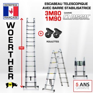 ECHELLE ESCABEAU DOUBLE FONCTIONS WOERTHER, MODELE CLASSIC 3M80/1.9M - PACK 3 (AVEC ROULETTES)