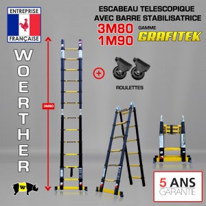 Escabeau télescopique de 3M80/1M90 avec sa paire de patins ronds, en  Graphite.