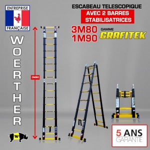 ESCABEAU DOUBLE FONCTIONS WOERTHER DOUBLE BARRES STABILISATRICES, MODÈLE GRAFITEK 3M80/1.9M - PACK BASIQUE 