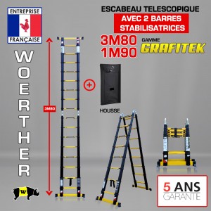 ESCABEAU DOUBLE FONCTIONS WOERTHER DOUBLE BARRES STABILISATRICES, MODÈLE GRAFITEK 3M80/1.9M - PACK 1 (AVEC HOUSSE)