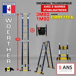 ESCABEAU DOUBLE FONCTIONS WOERTHER DOUBLE BARRES STABILISATRICES, MODÈLE GRAFITEK 3M80/1.9M - PACK 2 (AVEC SAC A OUTILS)