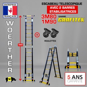 ESCABEAU 2 FONCTIONS - 2 BARRES STABILISATRICES, MODÈLE GRAFITEK 3M80/1.9M - PACK 3 (AVEC ROULETTES)