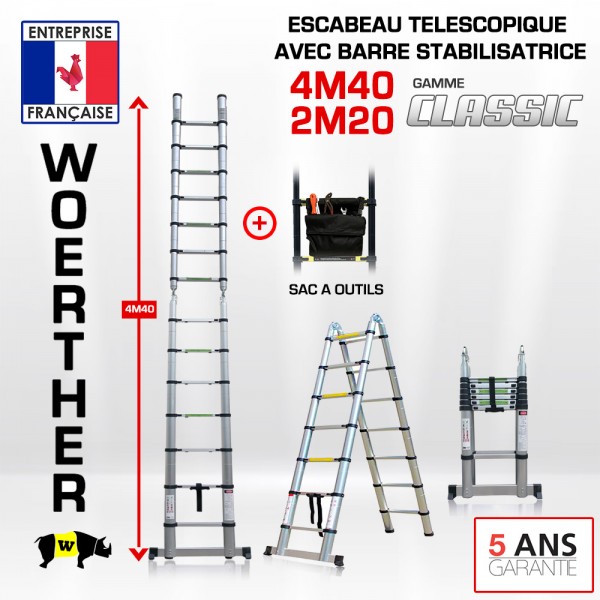 Escabeau télescopique Hauteur de 4M40 avec tapis antidérapant