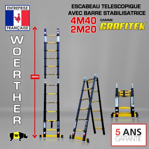 Echelle-escabeau Télescopique 5m/2m50 Woerther Grafitek 2 Barres