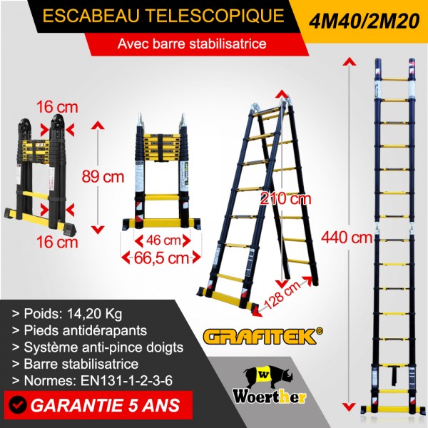 Echelle escabeau télescopique 4m40 avec son tapis antidérapant