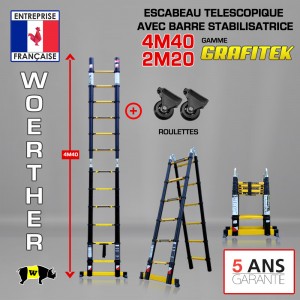 ECHELLE ESCABEAU DOUBLE FONCTIONS, MODÈLE GRAFITEK 4M40/2M20 - PACK 3 (AVEC ROULETTES)