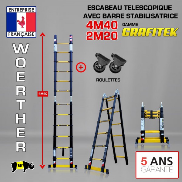 Echelle télescopique pliante Hauteur de 3M20 , gamme grafitek, pack 3 avec  paire de patins ronds