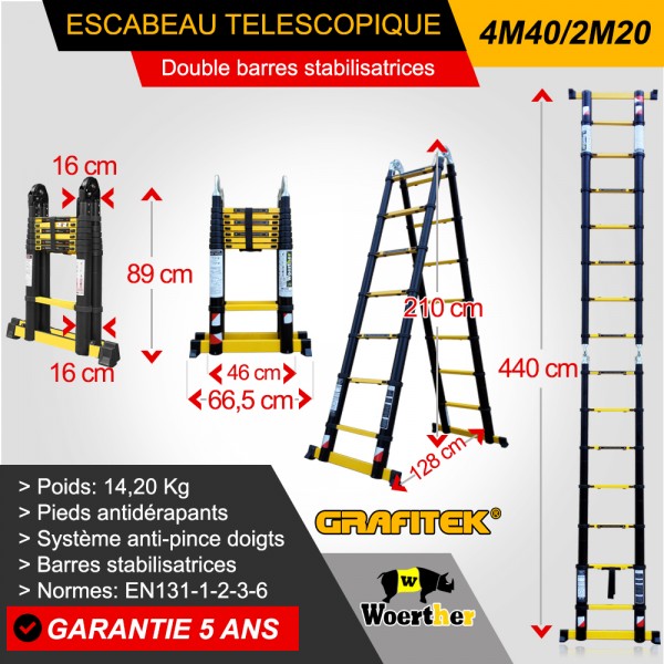 Escabeau télescopique Hauteur de 4M40/2M20 double barres stabilisatrices,  avec plateforme, en graphite