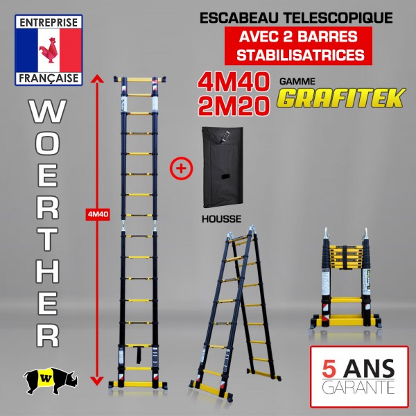 Escabeau télescopique Hauteur de 4M40/2M20 double barres stabilisatrices,  avec plateforme, en graphite