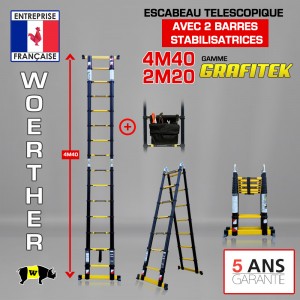 ECHELLE ESCABEAU TRIPLE FONCTIONS WOERTHER DOUBLE BARRES STABILISATRICES,  MODÈLE GRAFITEK 4M40/2M20 - PACK 2 (AVEC TAPIS)