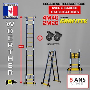 ECHELLE ESCABEAU 2 FONCTIONS 2 BARRES STABILISATRICES, GRAFITEK 4M40/2M20 - PACK 3 - AVEC ROULETTES