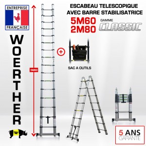 ECHELLE ESCABEAU DOUBLE FONCTIONS WOERTHER, MODELE CLASSIC 5.6M/2.8M - PACK 2 (AVEC SAC A OUTILS)