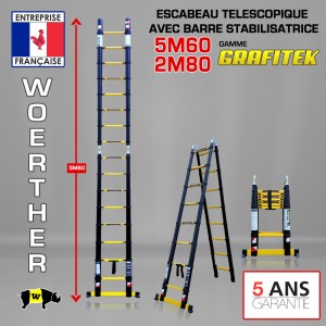 ECHELLE ESCABEAU TELESCOPIQUE WOERTHER, DOUBLE FONCTIONS GRAFITEK 5.60M/2.80M - PACK BASIQUE