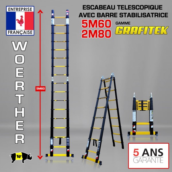 Lot Echelle-escabeau télescopique double barres stabilisatrices 5