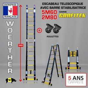 ECHELLE ESCABEAU DOUBLE FONCTIONS WOERTHER, MODÈLE GRAFITEK 5M60/2M80 - PACK 3 (AVEC ROULETTES)