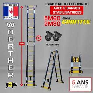 ESCABEAU 2 FONCTIONS WOERTHER 2 BARRES STABILISATRICES, GRAFITEK 5M60/2M80 - PACK 3 AVEC ROULETTES