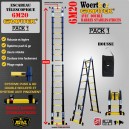 ECHELLE ESCABEAU TELESCOPIQUE WOERTHER DOUBLE BARRES STABILISATRICES, TRIPLE FONCTIONS GRAFITEK 6M20/3M10 - PACK 1