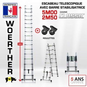 ECHELLE ESCABEAU DOUBLE FONCTIONS WOERTHER, MODELE CLASSIC 5M/2.5M - PACK 3 (AVEC ROULETTES)