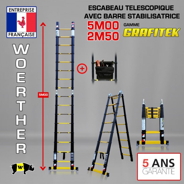 Lot Echelle-escabeau télescopique Grafitek double barres