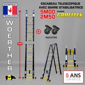 Escabeau télescopique Hauteur de 5M/2M5 avec patins, en graphite